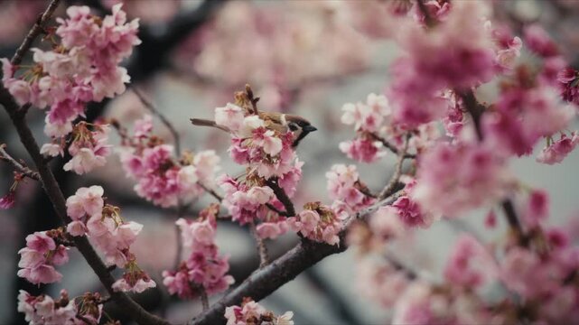 A Eurasian Tree Sparrow perches among blooming pink cherry blossoms along the Itokawa River in Atami, Japan, its brown cap and black cheek patch clearly visible.