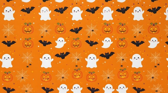 Seamless halloween pattern with ghosts pumpkins and bats