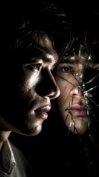 A contemplative young man gazes into a shattered mirror reflecting his inner turmoil and conflict showcasing emotion vulnerability and self-discovery. Generative AI