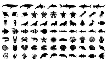 Fototapeta premium Minimal Marine Animal Silhouettes Vector Collection Black Sea Life Icons