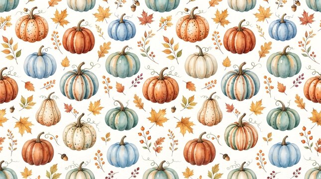 Watercolor autumn pumpkin and leaf pattern