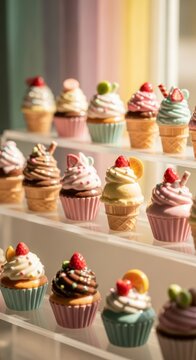 Many colorful cupcakes displayed on wooden shelves