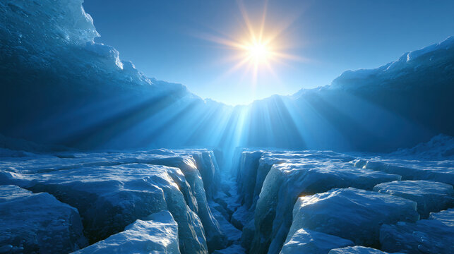 Glowing sun over frozen ice canyon landscape with deep blue crevasse and dramatic light rays, cinematic cold winter scene