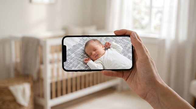 Female hand holding a smartphone displaying a peaceful sleeping newborn baby on the screen in a bright blurred nursery for modern parenting and digital memory concept.