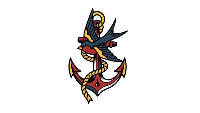 Traditional old school tattoo design of anchor and flying swallow bird with rope vector