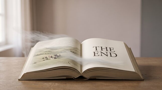 Open book with "The End" text and misty landscape illustration