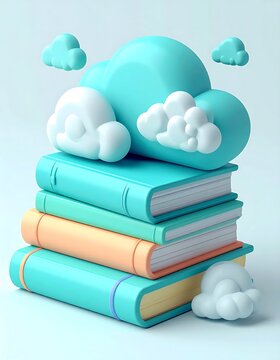 3D render of stack of colorful books with clouds for education and knowledge.