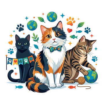Cute Cats Sitting Together Celebrating International Cat Day Flat Vector Illustration
