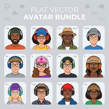 Diverse cartoon avatars with headphones and glasses bundle