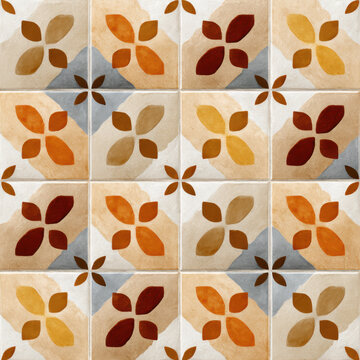 Tuscan tile pattern in light earth tone colors, geometric leaf motif, warm rustic wall decor, seamless decorative surface