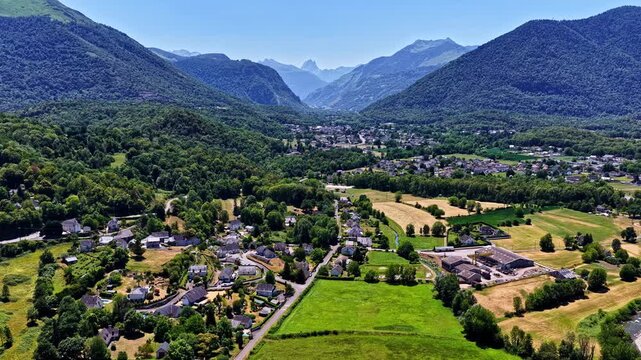 Pyrenees mountain village and lush green valley near Col d'Aubisque in France