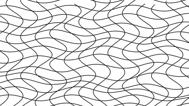 Abstract wavy grid pattern seamless motion background featuring black intersecting lines on white backdrop surface with lines