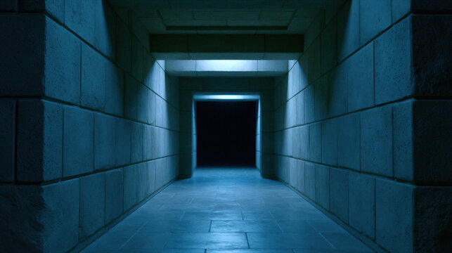 Dark empty hallway blue light stone wall tunnel entrance interior architecture moody corridor futuristic passage symmetrical perspective shadow enclosed space