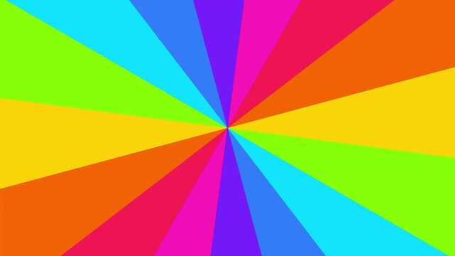 Vibrant rainbow sunburst pattern background showing dynamic geometric radial lines rotating in continuous loop motion with segments