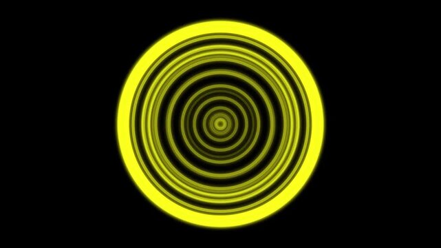 Three glowing yellow concentric circle patterns pulsing rhythmically against a solid deep black background with oscillate rhythmic sequence graphic elements