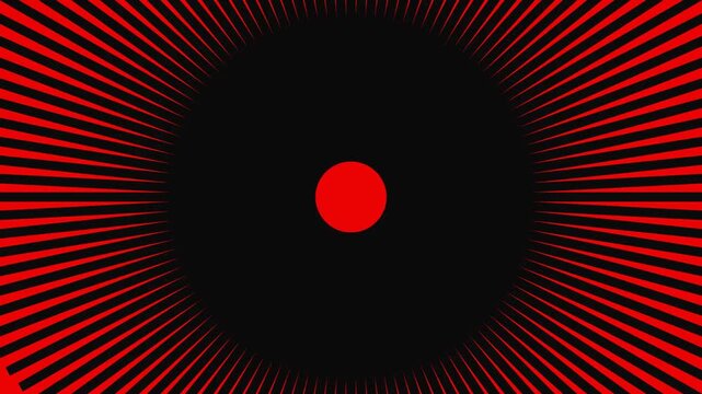 Abstract red and black radial sunburst pattern rotating in a continuous seamless motion loop with patterns rotating continuously repetitive abstract graphic