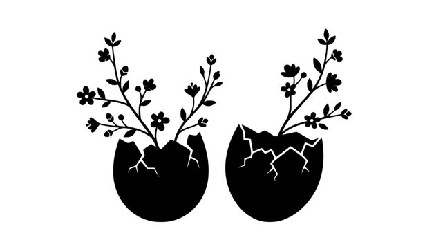 Cracked eggs with blooming branches black silhouette vector symbolizing rebirth, growth, renewal, spring, and new beginnings