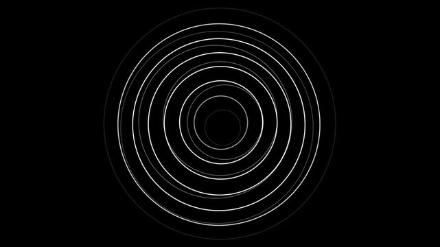 Three concentric circular patterns radiating white linear waves against solid deep black background space with background minimalist graphic