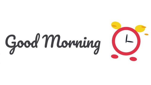 Repeating good morning text message pattern with red alarm clock icons on white background with horizontal pattern handwritten video displays repeating
