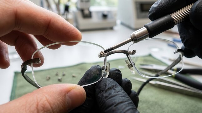 A Masterful Close-up of an Optician Carefully Adjusting and Repairing Delicate Spectacle Frames with Specialized Tools