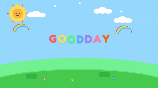 Cheerful animated landscape featuring smiling sun cartoon characters above rolling green hills with rainbows with colorful rainbows over green grassy hills