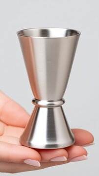 Hand holding a stainless steel cocktail jigger on white background