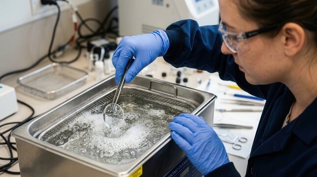 Female laboratory technician wearing safety glasses and nitrile gloves using tweezers to lower a clear optical lens into an ultrasonic cleaner bath for precision cleaning