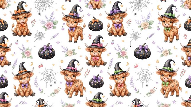 Cute highland cow witch seamless pattern