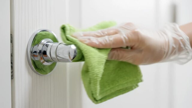 Hand in protective glove wiping chrome door handle with green microfiber cloth for disinfection and hygiene