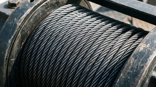 Heavy duty industrial steel wire cable wound on large metal spool drum