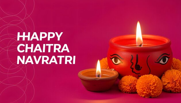 Happy chaitra navratri festival greeting with diya and marigold flowers