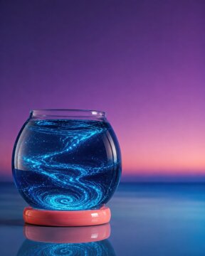 Glowing Bioluminescent Algae in Round Glass Bowl