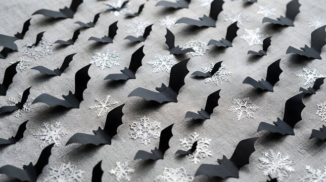 Black paper bats and silver snowflakes on grey fabric background