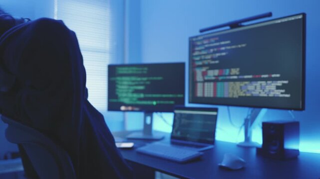Asia male Software Programmer Stretching After Late Night Coding Work. Take a Break Concept.