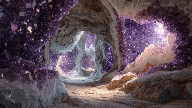 Luminous purple amethyst crystal cavern interior with sparkling geode formations and natural light amethyst gemstone interior precious underground