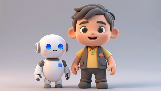 Friendly Humanoid Robot with Happy Child 3D Render