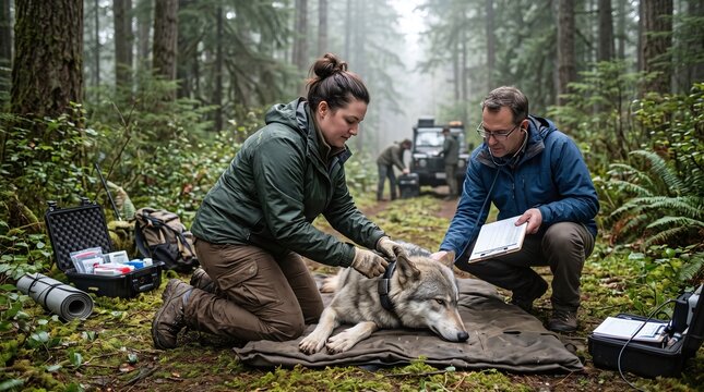 Wildlife Biologists Fitting Tracking Collar on Sedated Wolf in Forest Research Fieldwork