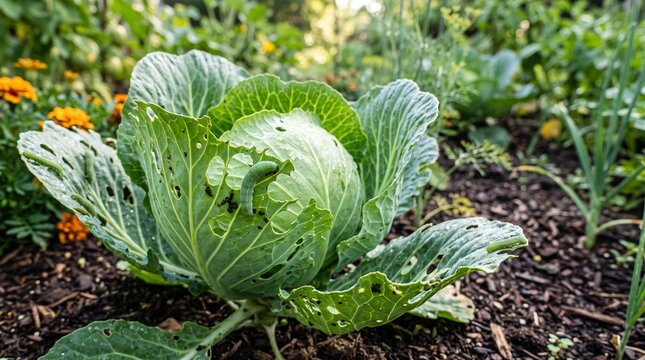 Green caterpillar eating cabbage leaf in vegetable garden showing agricultural pest damage