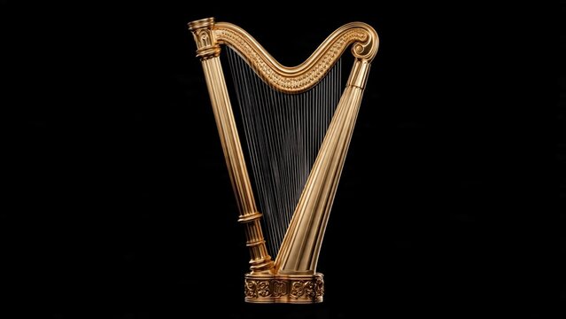 Elegant traditional orchestral harp crafted from polished gold wood isolated on black with instrument classical orchestra performance symphony