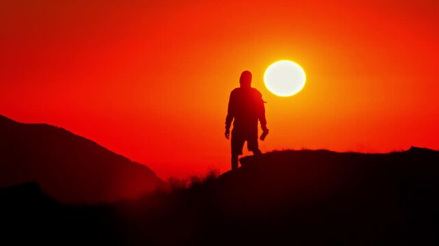Solitary hiker walking Col d'Aubisque mountain pass ridge in the Pyrenees, pausing to take a photo at a fiery red sunset