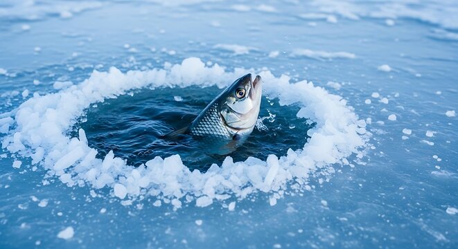 Large fish swimming under ice hole in frozen water