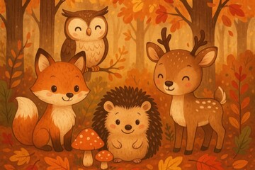 Fototapeta premium Cute woodland animals in autumn.
