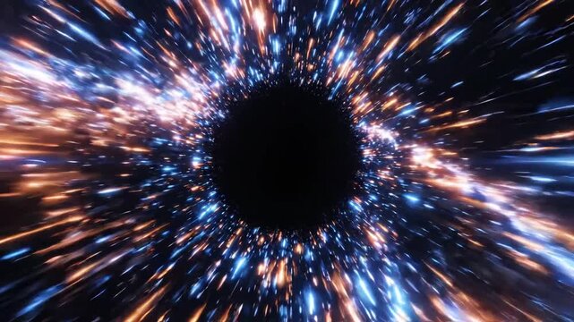 Hyperspace Wormhole Travel Through Cosmic Tunnel with Blue and Orange Light Streaks
