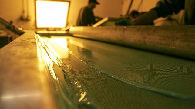 Emulsion coating trough applying photosensitive coating to a screen in sharp focus and blurred print workers behind. Concept of screen printing preparation.