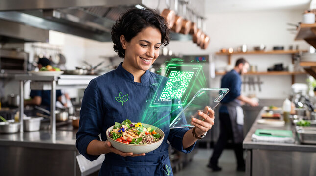 Modern Chef Scanning Halal QR Code for Food Traceability in Commercial Kitchen