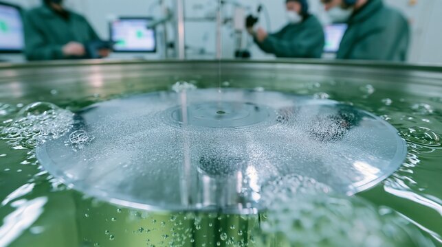 Vinyl record stamper disc in an electroplating bath in sharp focus and blurred production technicians behind. Concept of record master manufacturing.