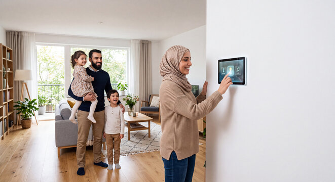 Happy Muslim Family Using Smart Home Control Panel Panel in Living Room