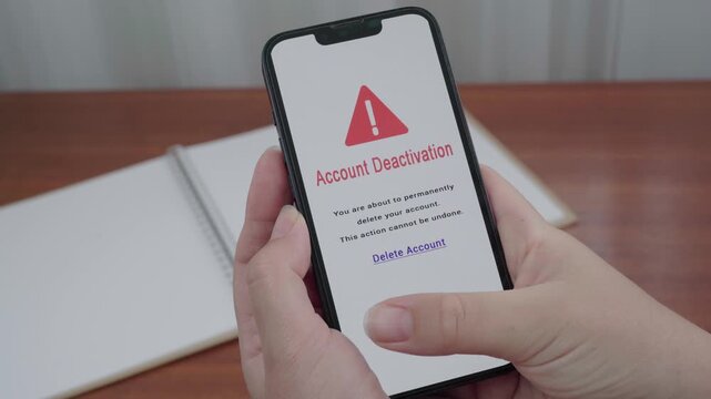 Mobile AI interface displays an Account Deactivation alert as a user hovers over the Delete Account option on screen.