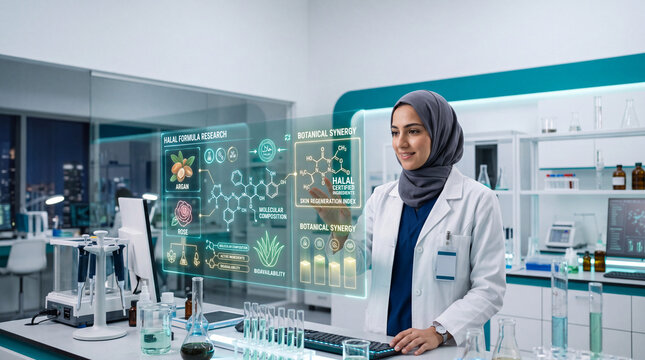 Muslim Female Scientist Analyzing Halal Cosmetic Formulas on Holographic Screen