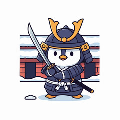 Obraz premium Cute cartoon penguin illustration dressed as a samurai warrior holding a katana sword in front of a snowy Japanese temple